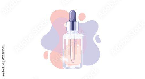 A clear glass serum dropper bottle with sparkling liquid is depicted against an abstract pastel background, Generative AI.