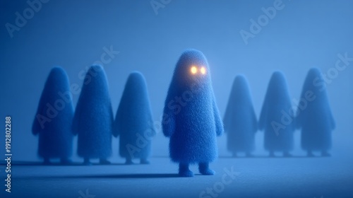 Alienation and exclusion glowing figure isolated among faceless crowd