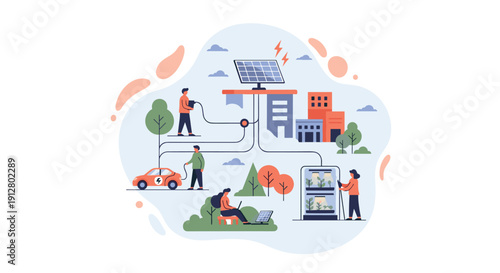 People interact within a solar-powered ecosystem charging vehicles lighting buildings working and tending a vertical farm, Generative AI.