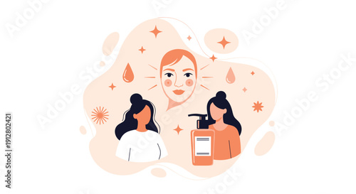 Two women are depicted with a skincare product bottle and a glowing face illustrating the benefits of a beauty routine, Generative AI.