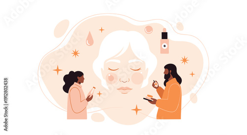 Two diverse people applying skincare and makeup to a large floating woman's face, Generative AI.