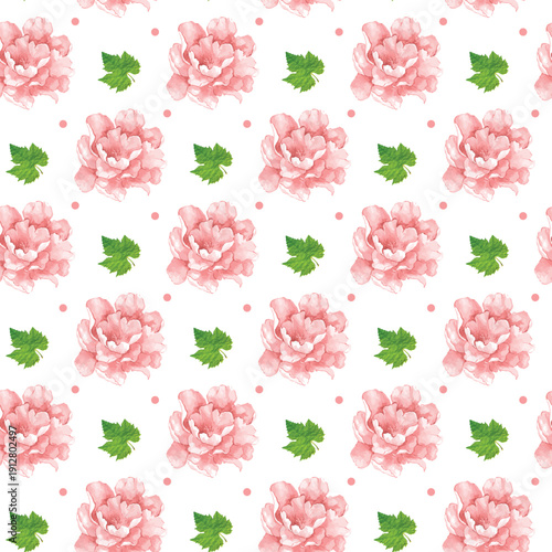 Charming floral pattern featuring soft pink roses and lush green leaves on a white background.