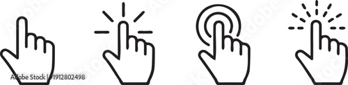 Hand icons with pointing fingers in various styles and effects for user interface design elements and digital graphics