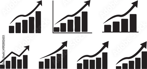 Collection of bar graphs with upward trending arrows indicating business growth and financial success depicted in simple black and white design.