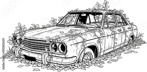 An abandoned vintage car is overgrown with vines and leaves