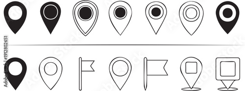 Collection of diverse map pin and location marker icons in various styles for navigation and mapping applications on a clean white background.