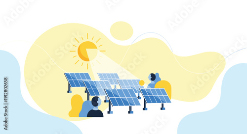 People work or study among multiple solar panels under a shining sun with abstract yellow and blue shapes, Generative AI.