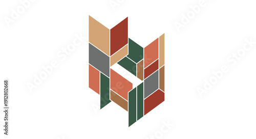 Abstract geometric design with interlocking colorful shapes forming a dimensional structure on a clean white background, Generative AI.