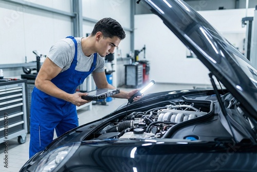 Garagiste faisant un contrôle technique voiture