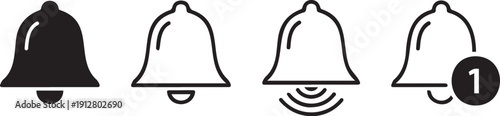 Bell notification icons set illustrating different states and notification status for user interface design