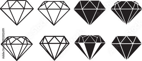 Collection of diamond icons in various outline and filled styles for jewelry and luxury design