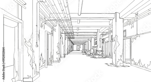 An abandoned hallway with peeling walls, pipes, and doors