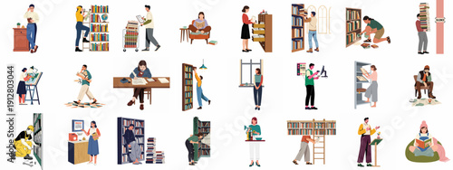 Diverse illustrations depicting people interacting with books, libraries, and knowledge: studying, reading, archival work, and educational activities.