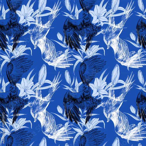 Vintage Blue and White Birds and Lilies Seamless Pattern. An elegant seamless pattern featuring hand-drawn sketches of flying birds and lilies in a sophisticated blue and white monochromatic aesthetic
