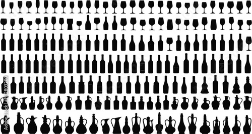 Wine Bottle and Glass Silhouette Collection with Various Beverage Containers Isolated on White Background for Bar, Restaurant and Packaging Design