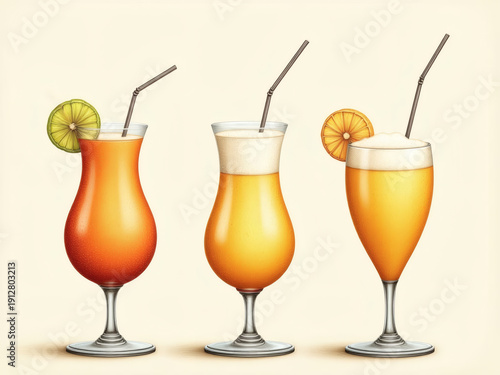Three orange cocktails in a glass with drinking straws on a bright background with copy space, abstract illustration.