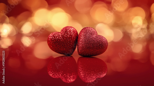 Two Shiny Glitter Red Hearts Standing Together Against Bold Red Backdrop with Festive Glow - Ideal Romantic Stock Photo for Social Media Stories and Invitations.