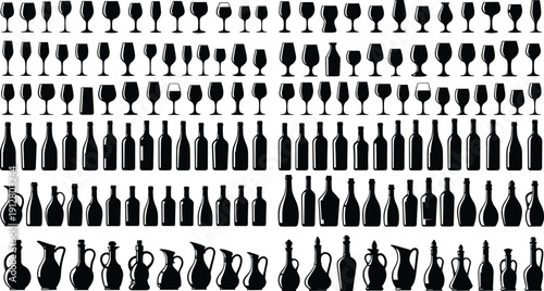 Wine Glass and Bottle Silhouette Collection with Various Beverage Drinkware Shapes Isolated on White Background for Bar, Restaurant and Packaging Design