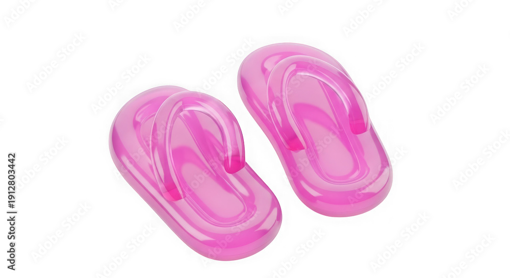 Obraz premium Pair of glossy fuchsia jelly flip-flops with translucent straps, isolated on a clean white background, perfect for summer fashion or beachwear concepts.