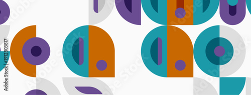 Geometric pattern features overlapping circles, semicircles. Colors include orange, teal, purple, gray. Simple, modern design repeats seamlessly.