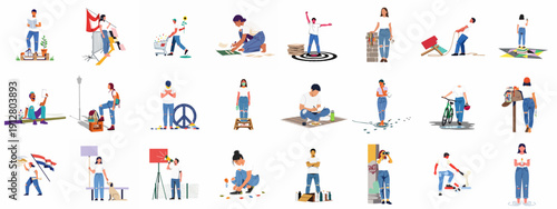 Diverse Young People Engaged in Social Issues, Activism, Environment, and Daily Life Activities in a Modern Vector Illustration Set.