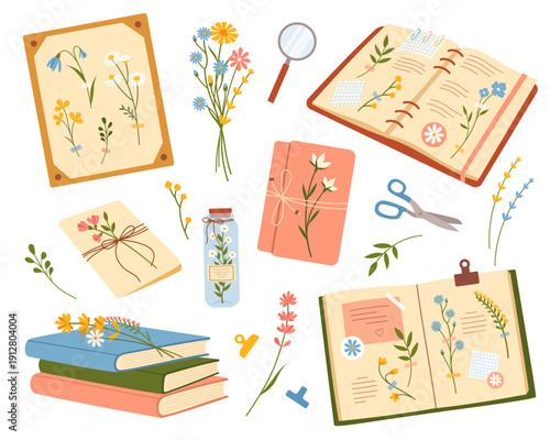 Herbarium set with pressed flowers and leaves, botanical journal and scrapbook elements. Vintage flat vector illustration for poster, sticker, postcard and stationery design.