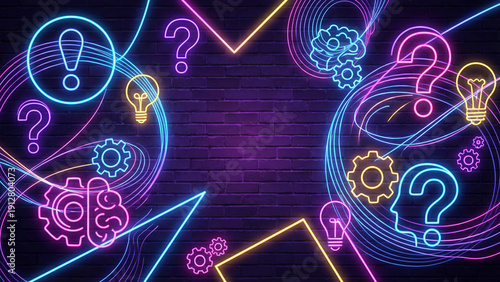 Trivia night quiz game background with neon question marks and idea symbols creating vibrant entertainment atmosphere for pub quiz competitions and knowledge challenge events