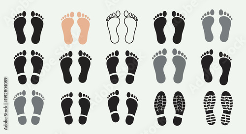 Set of Footprints Icons: Black, White, Skin Tones, and Shoe Prints