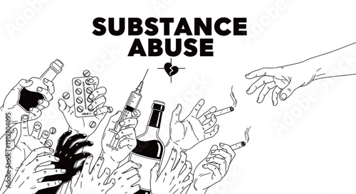 Substance abuse illustration showing multiple hands reaching for drugs, alcohol, and cigarettes, representing addiction and social issues.