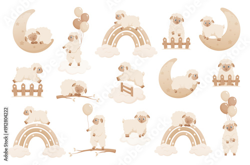 Cute baby sheep and lamb clipart set with rainbow, moon, cloud and balloon. Neutral nursery illustration collection for baby shower, invitation, wall art and print design.