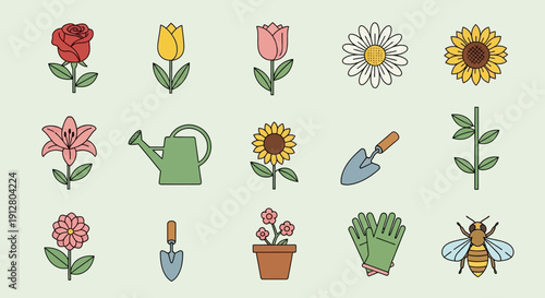 Gardening Icons Set: Flowers, Tools, Watering Can, Bee, Gloves, Plant Pot