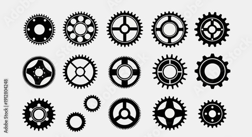 Set of Black Gears and Cogs Icons, Mechanical Engineering Elements, Industrial Design Symbols
