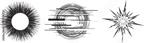 Set of abstract geometric glitch shapes black and white sunburst and circular elements