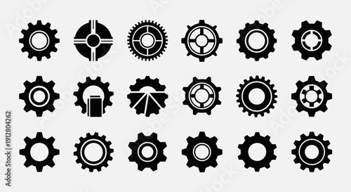 Set of Black Gear Icons and Symbols for Industrial and Mechanical Concepts