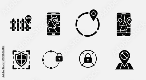 Location Security and Navigation Icons: GPS, Map, Geofencing, Lock, Shield, Privacy