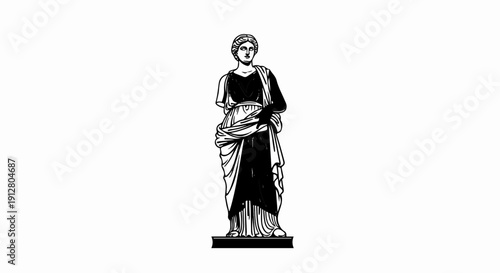 An ancient Greek statue in black and white, depicting a draped figure