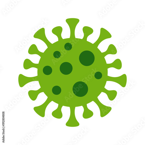 Green virus cell with protrusions and dark spots  illustration