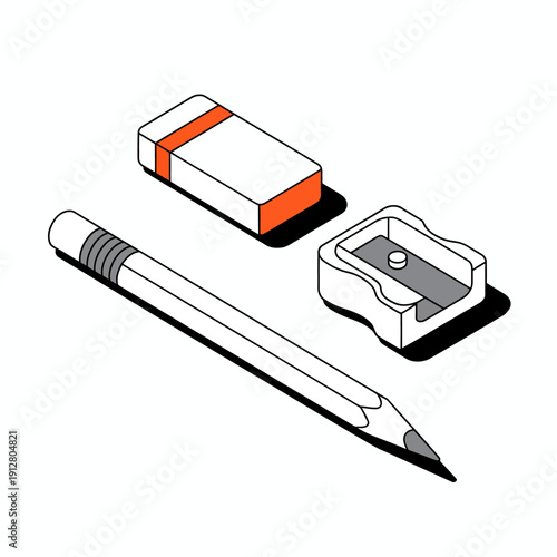 Isometric pencil eraser and sharpener on white surface