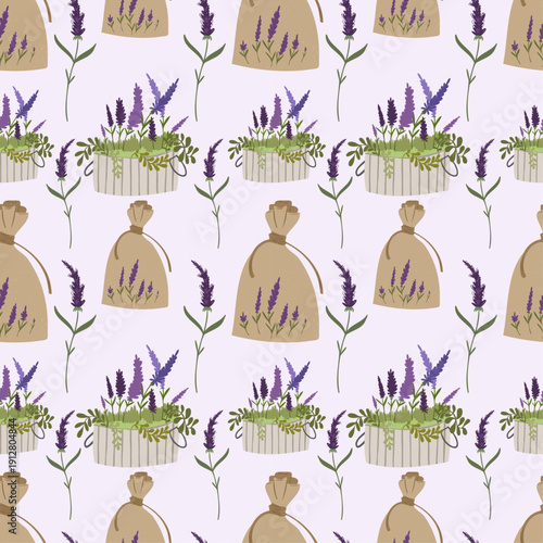 Lavender seamless pattern with rustic spa and dried flower arrangement