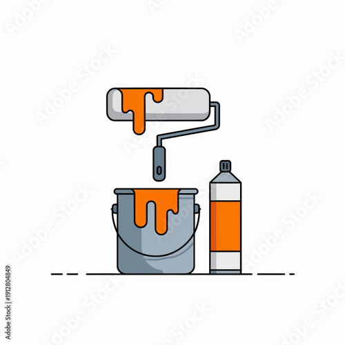 Orange paint roller and bucket with paint can on white background