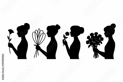 Set of women holding flowers and kitchen utensils in silhouette  profiles