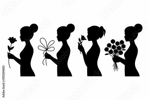 Set of women holding flowers in their hands in profile  simple outline style