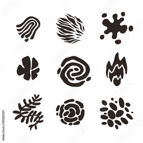 Collection of nine abstract black and white tribal primitive symbols representing ancient cave art designs for historical or artistic illustration projects