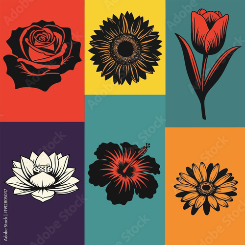 Vibrant floral illustrations of roses, sunflowers, and more