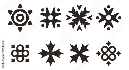 Collection of eight unique black abstract geometric star and cross shapes representing traditional ornamental patterns suitable for various decorative applications or tribal art designs