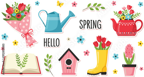 Spring Season Garden Flat Vector Illustration Set Featuring Flowers Watering Can Birdhouse Rain Boots And Tulips