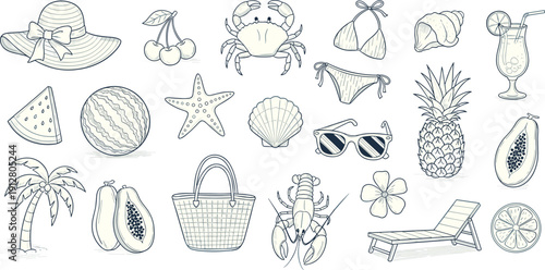 Summer Beach Tropical Line Art Illustration Set Featuring Swimwear Sunglasses Fruit Seafood And Ocean Travel Icons