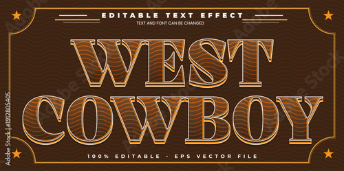 Western cowboy text effect vector, vintage wild west wooden lettering with sheriff star, rustic outlaw typography design.