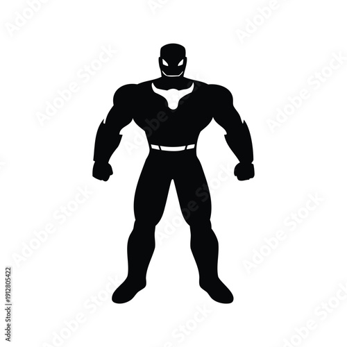 Powerful superhero standing with fists clenched in dynamic silhouette vector illustration, action figure silhouette vector illustration