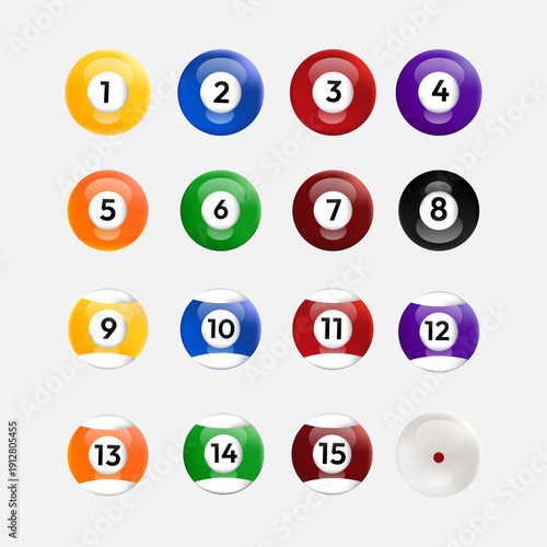 Set of billiard balls vector collection, glossy pool balls with numbers from 1 to 15 and cue ball, isolated sports equipment illustration.